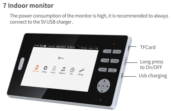 2.4GHz WIFIのビデオ ドアベル7inchの高さの定義LCDふし穴のビデオ ドアベル